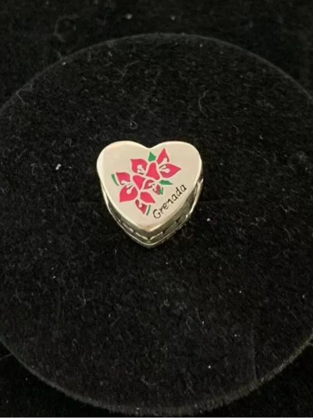 Pandora Silver Heart Charm with Pink Flower and Green Leaves
